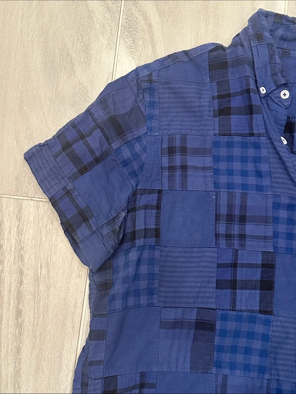 J.Crew Size Large Men's Blue Patchwork Madras Short Sleeve Button-Up Shirt